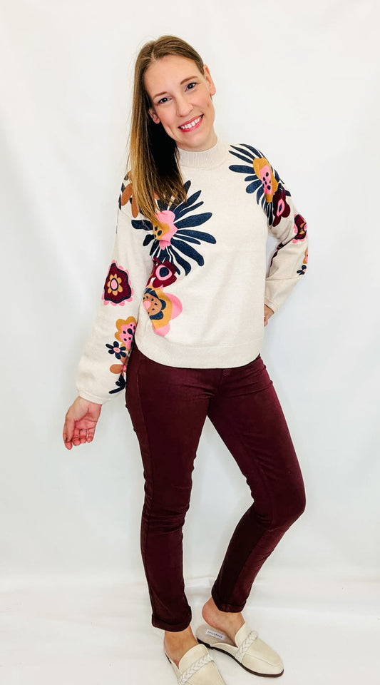 Charlie B Floral Printed Beige Mock Neck Sweater