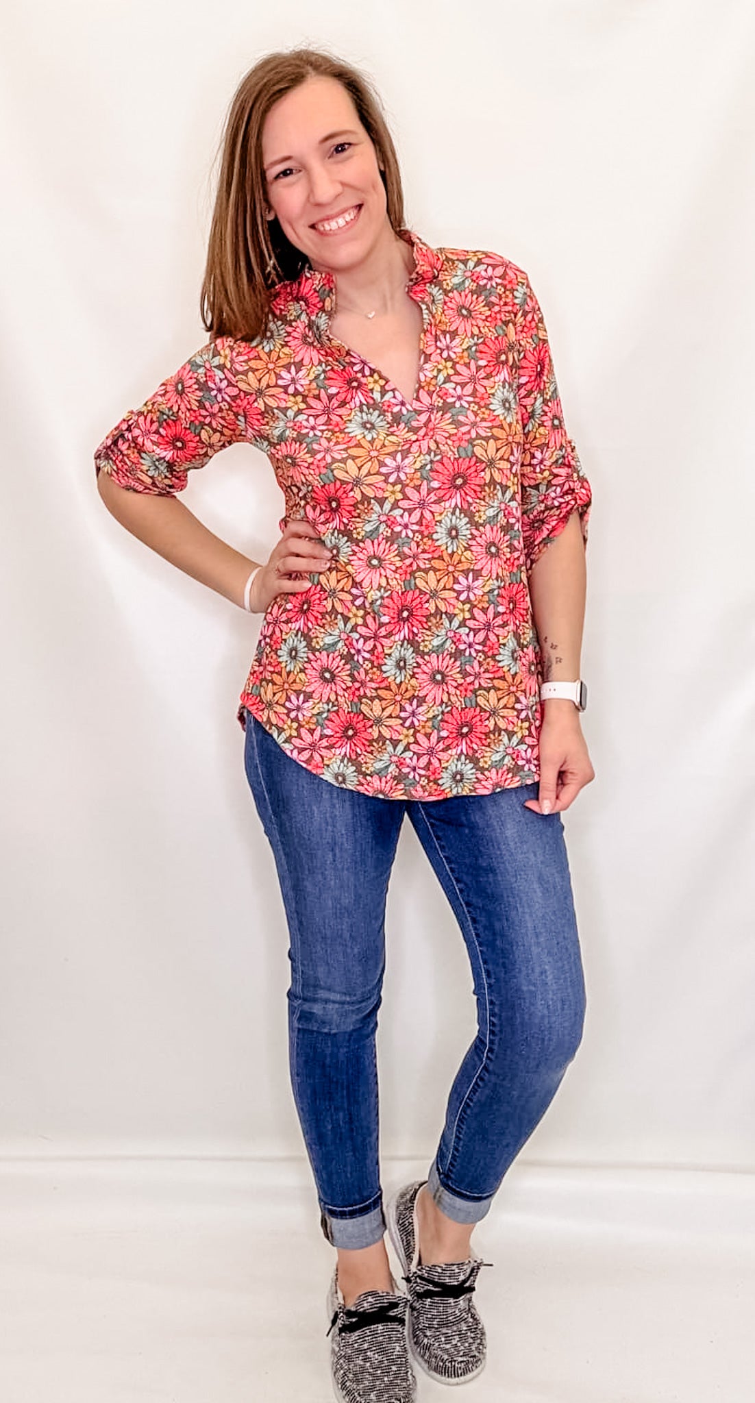 Colorful Floral & Mocha 3/4 Sleeve Top