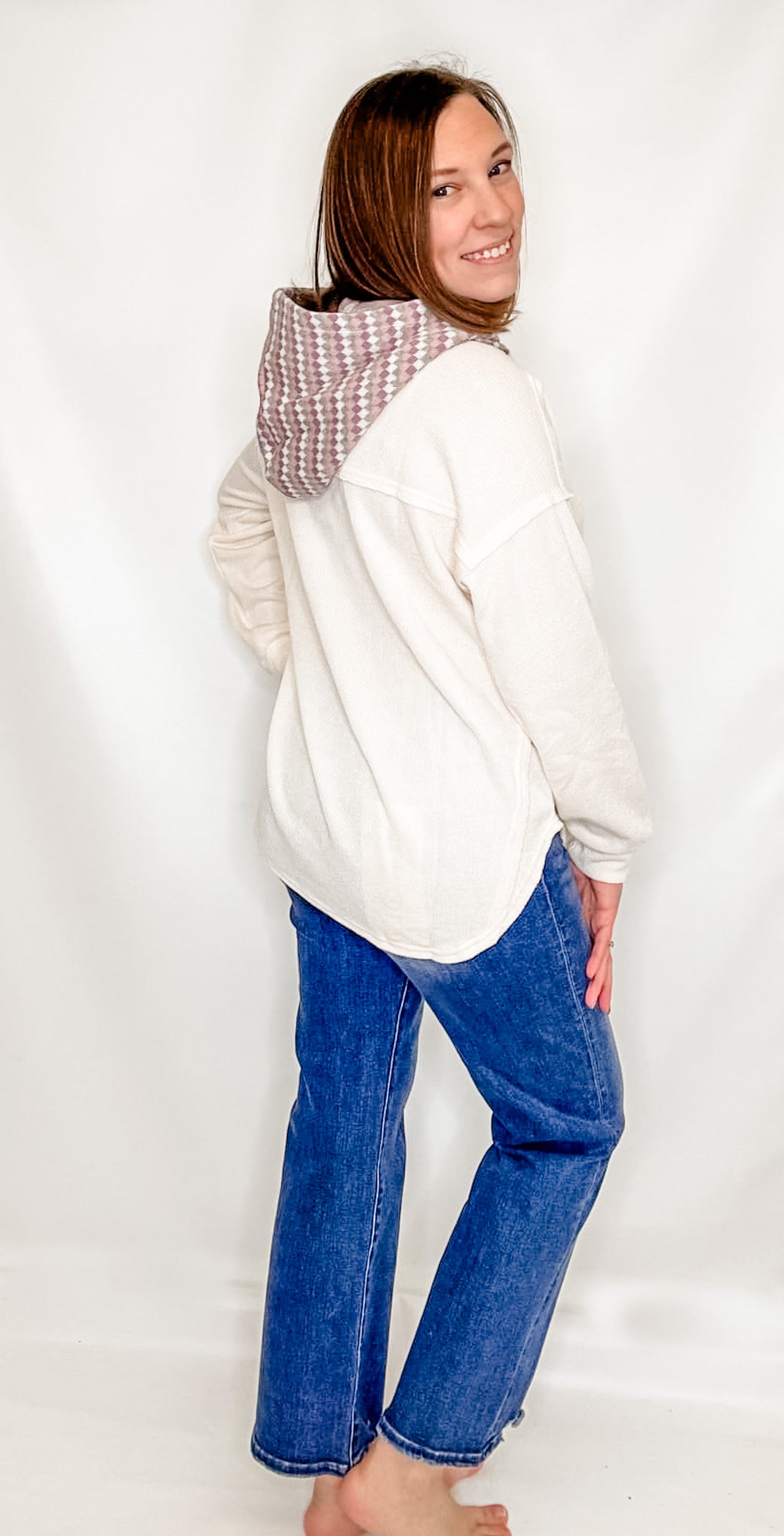 Cream & Purple Check Long Sleeve Knit Top