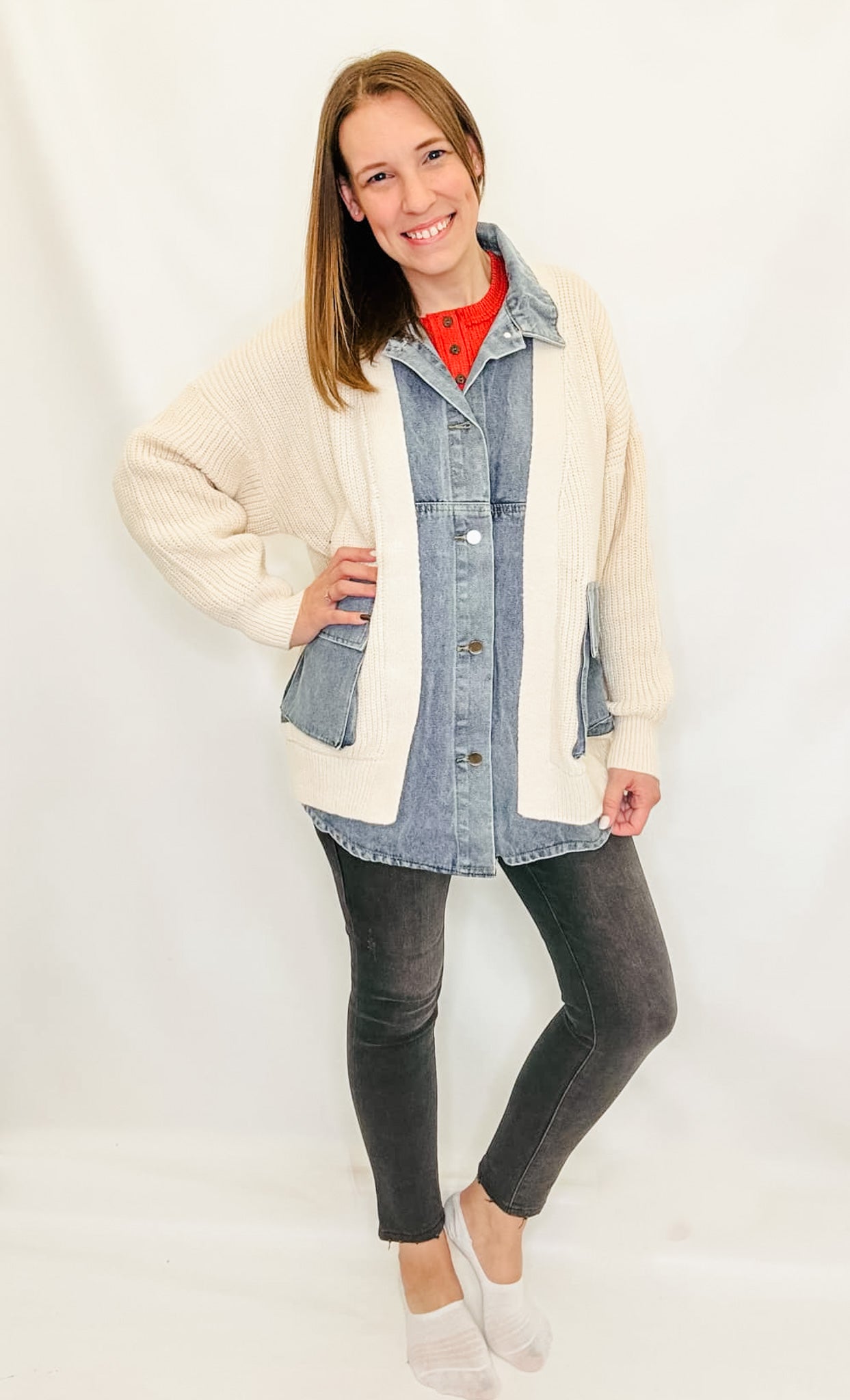 Denim Jacket Trim Ribbed Cardigan