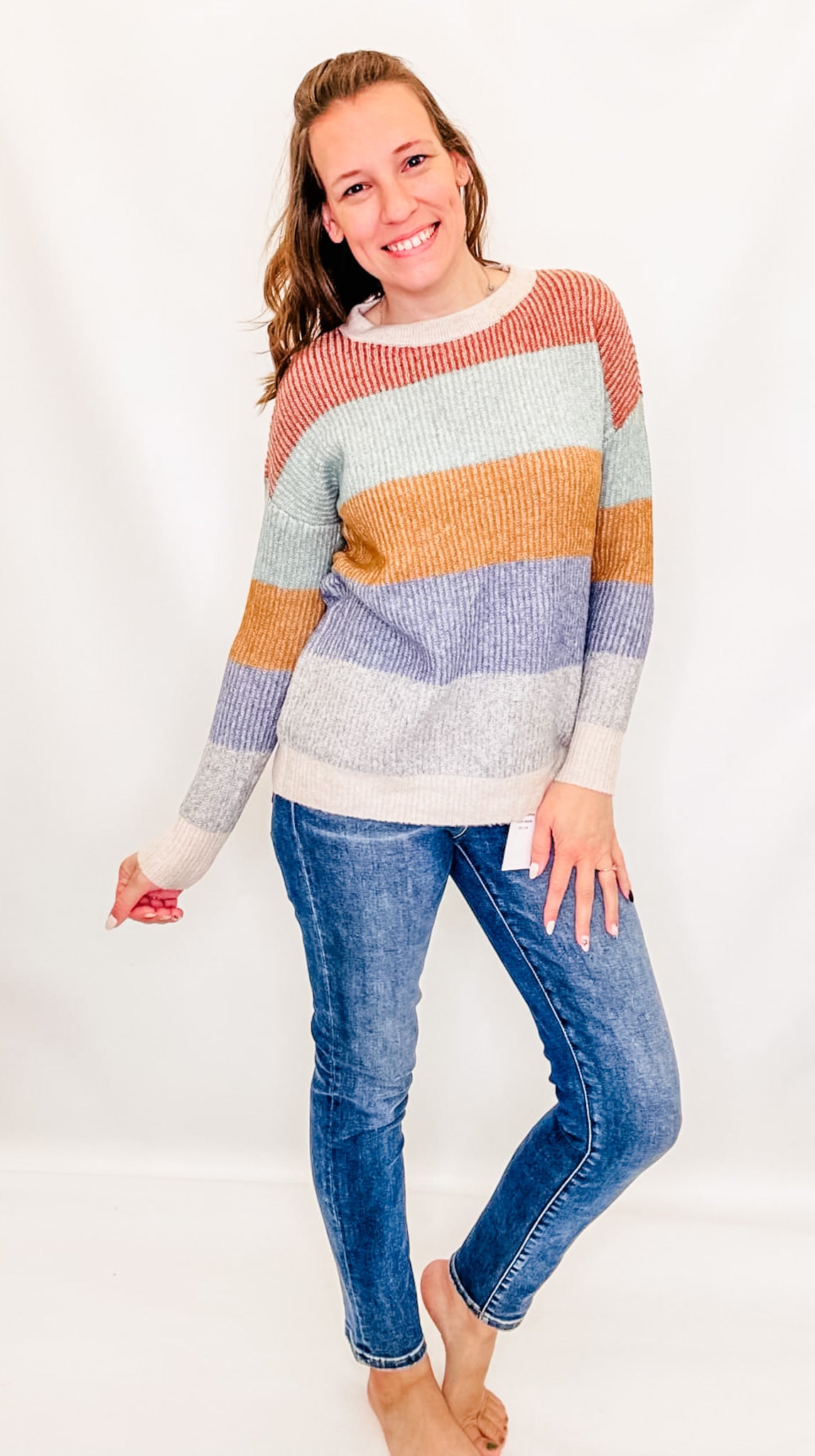 Rust, Blue & Mustard Color Block Ribbed Sweater