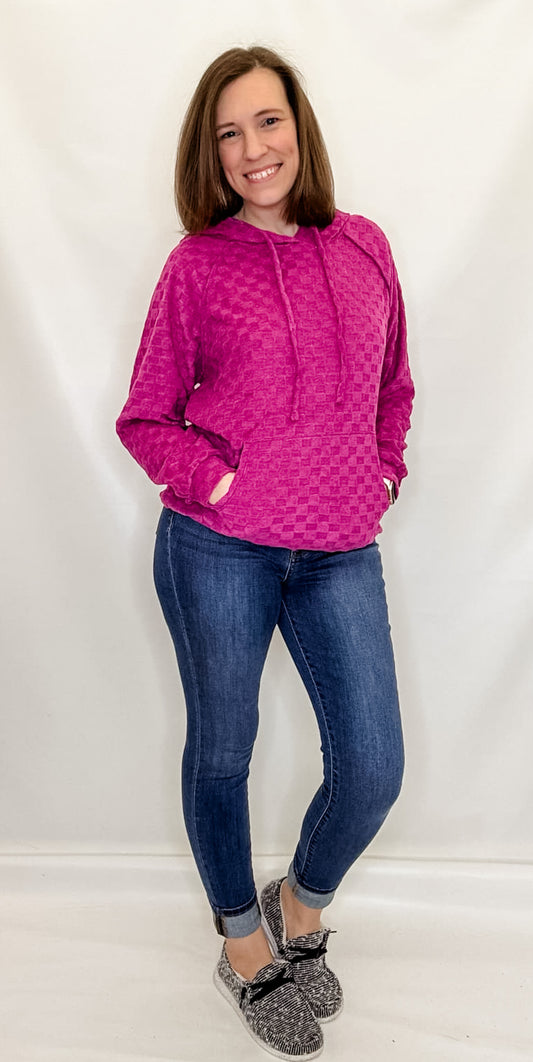 Magenta Checkered Casual Hoodie