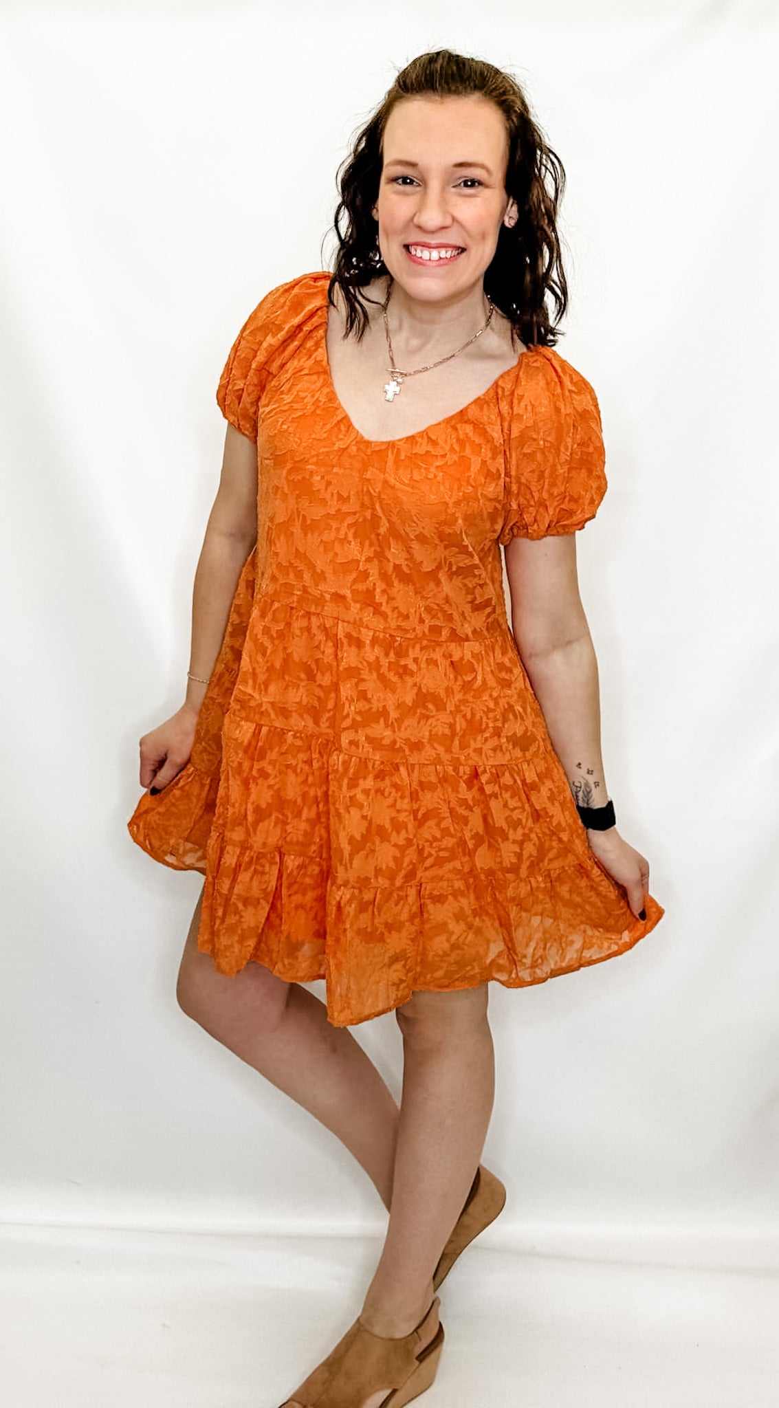 Dusty Orange Floral Textured Dress