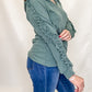 Vintage Olive Ribbed Casual Hoodie with Ruffle Sleeves