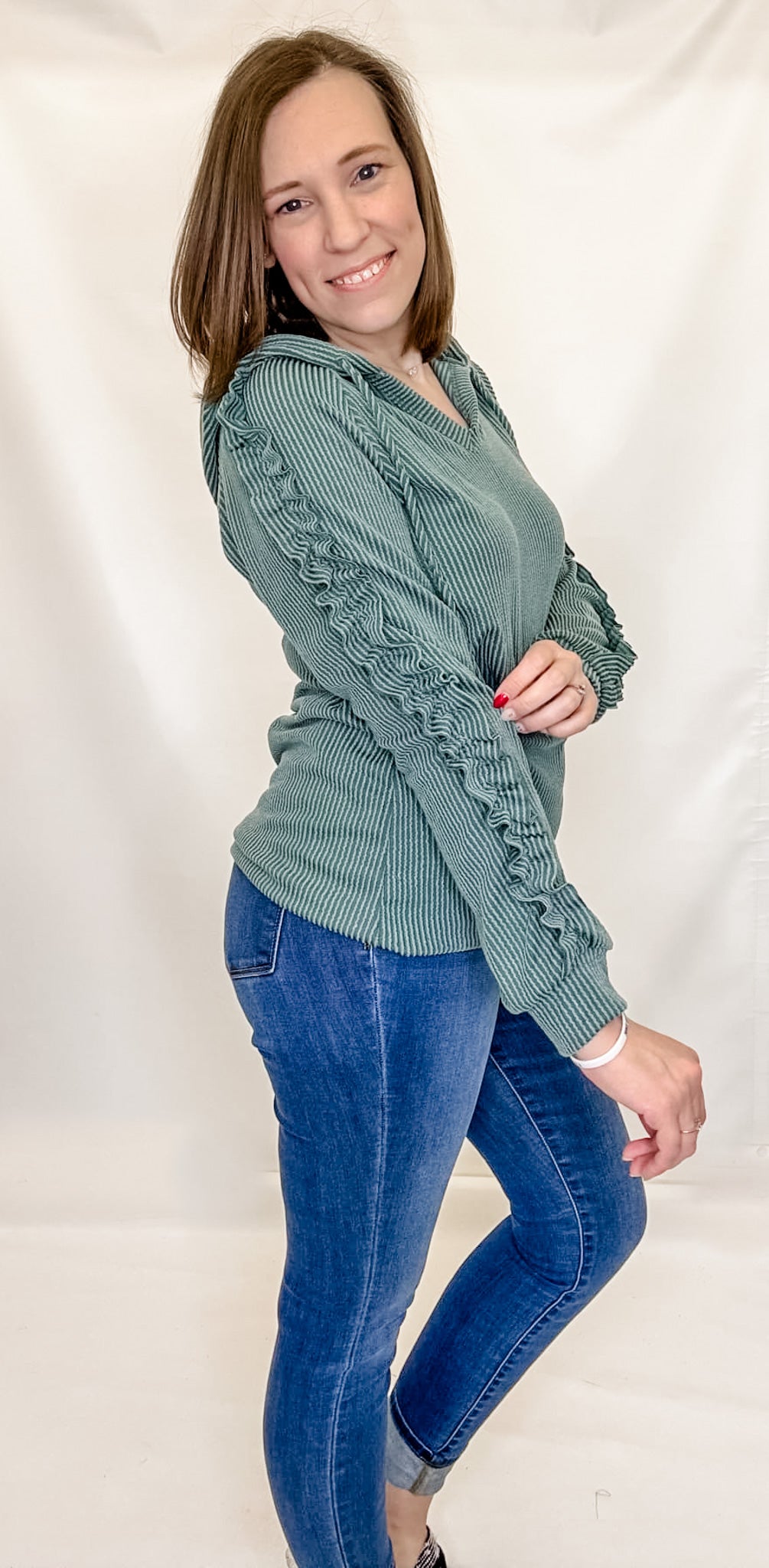 Vintage Olive Ribbed Casual Hoodie with Ruffle Sleeves